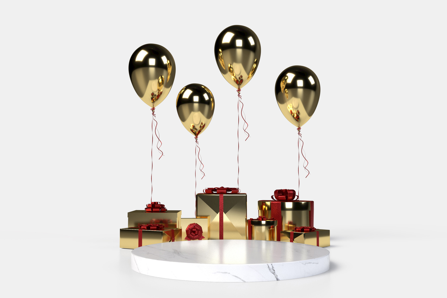 Gold Balloons and Gift Boxes on White Background
